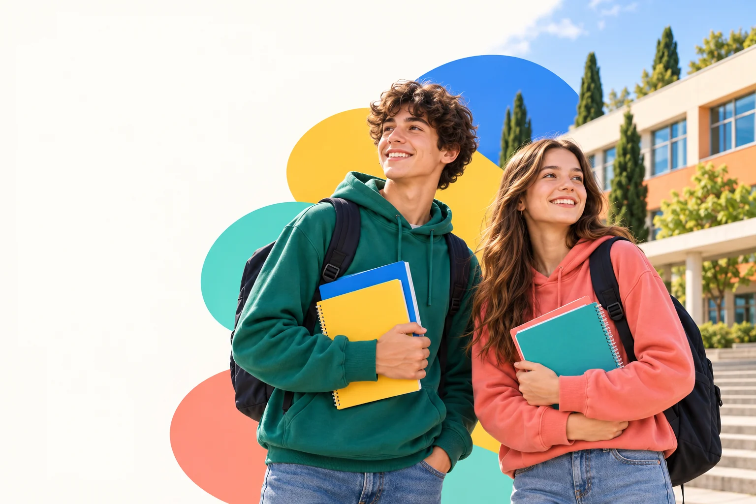 Due studenti con zaini e quaderni davanti a una scuola